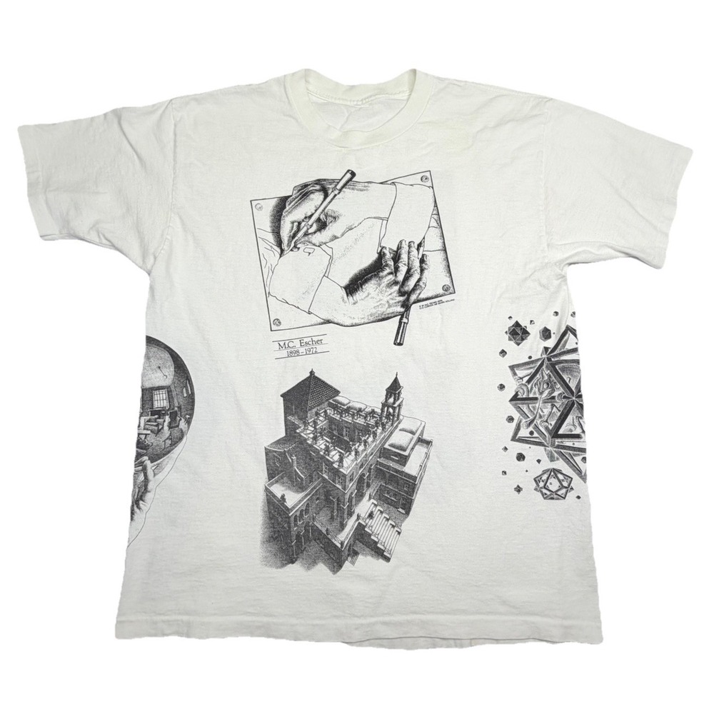 Vintage 1989 M.C. Escher AOP All Over Print Art T Shirt XL Surreal Graphic Tee
